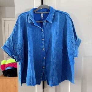 New Zenana Mineral Wash Gauze Blue Button-Up Shirt L XL